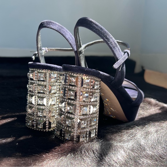 MIU MIU Navy Suede Crystal Block Heel Sandals Platforms Heels $1300 Retail 8.5 - Picture 2 of 6
